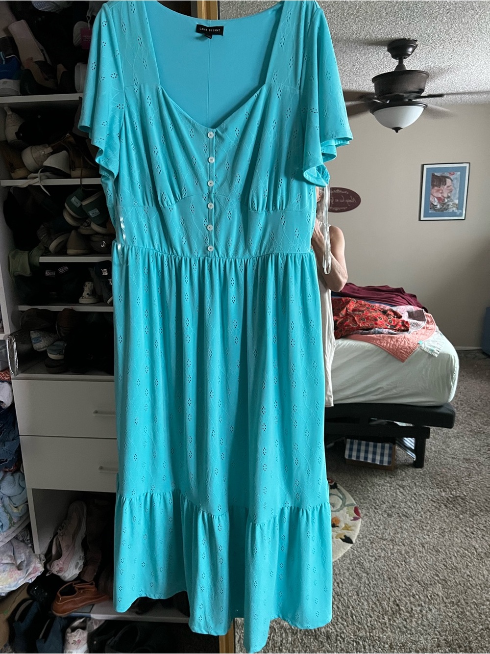 Lane Bryant Turquoise Eyelet Midi Dress with Button Front